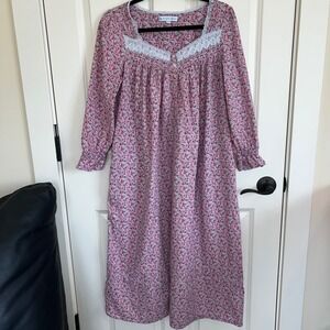 Eileen West Long Sleeve Cotton Lawn Ballet Pink Floral Nightgown Size Small